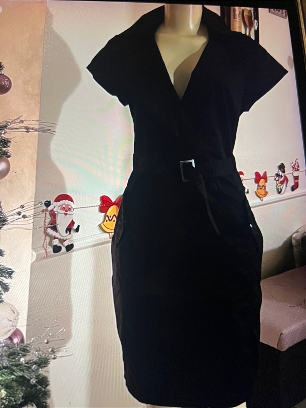 Black Belted Cap-Sleeve Sheath Dress - Women's